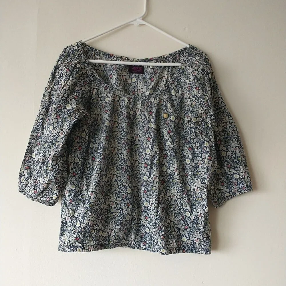 J Crew Liberty Fabric Blouse Top Womens S Blue Floral Puff Sleeve Peasant